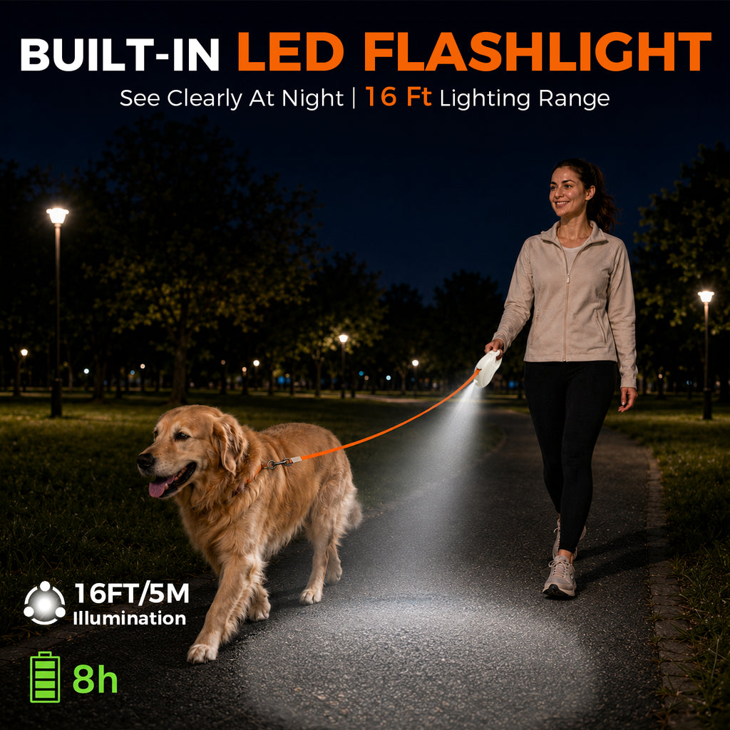 16ft Retractable Dog Leash with LED Light for Small Medium Large Dogs up to 66 lbs | Sevy Glowie