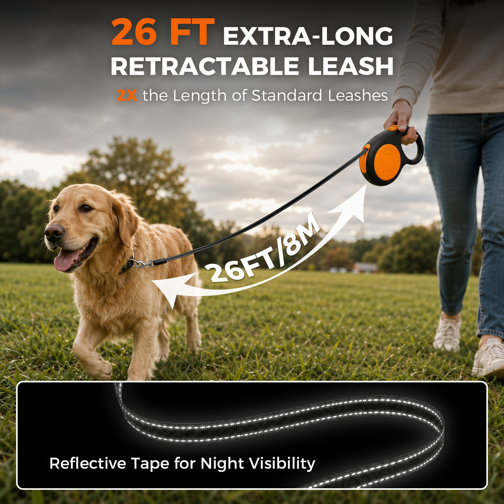 26ft Retractable Dog Leash for Large Small Dogs up to 100lbs, 360° Tangle-Free Retraction | Sevy Stretch