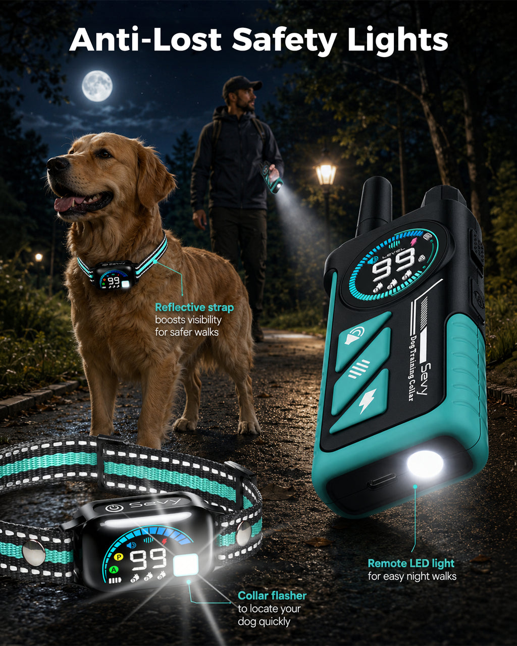 SEVY dog bark collar with safety light