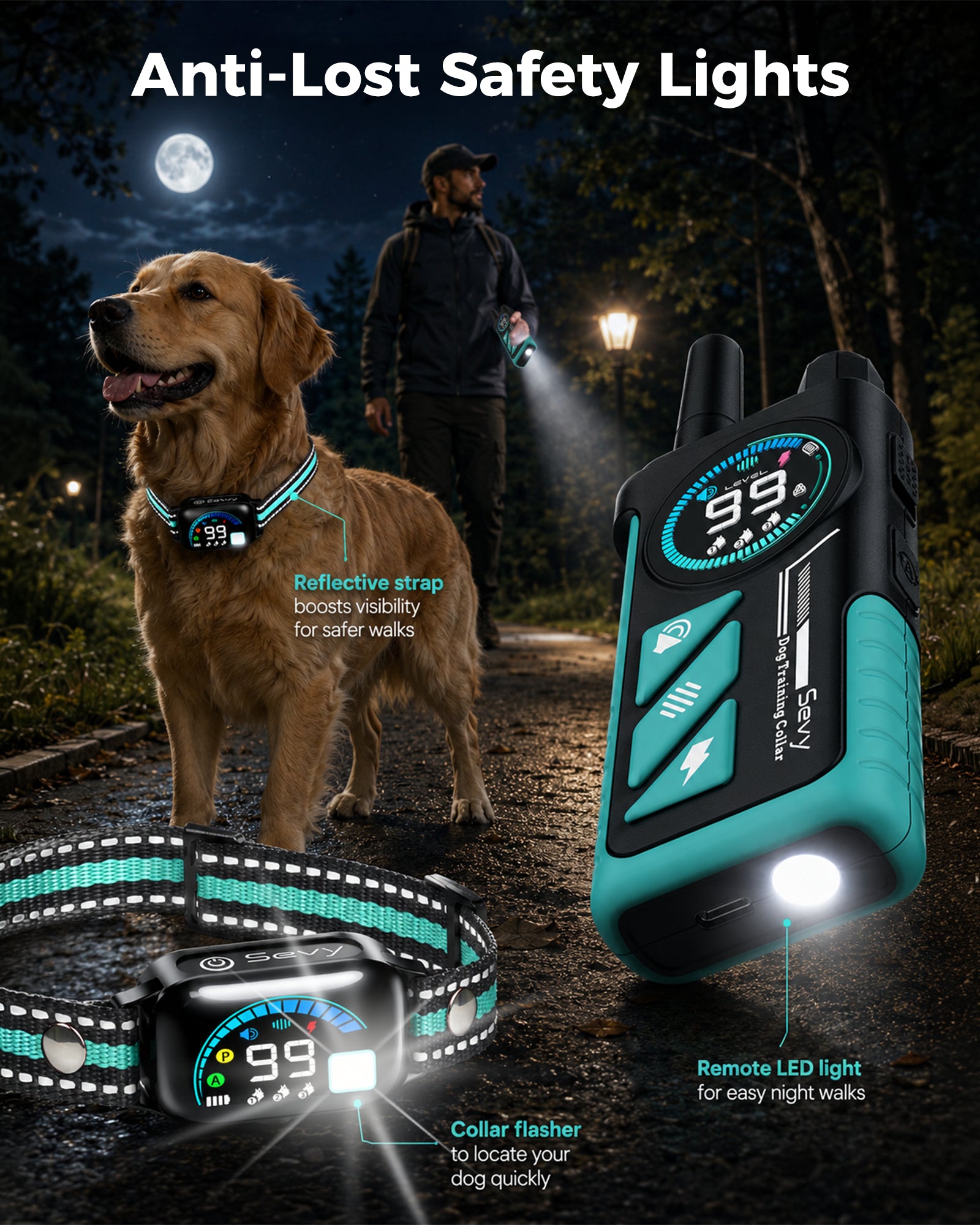 SEVY dog bark collar with safety light